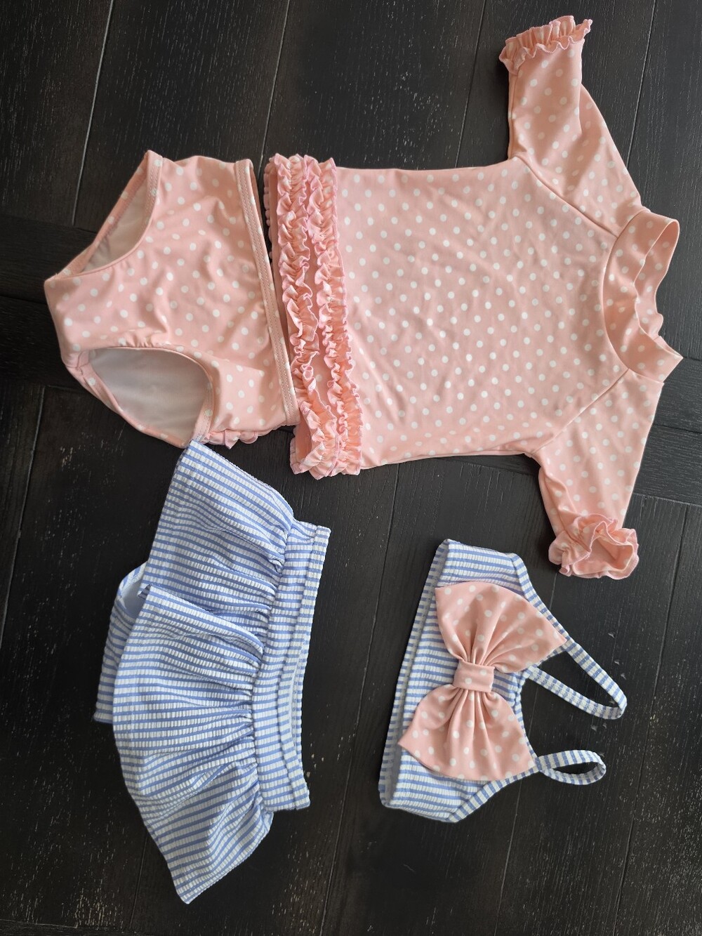 Ruffle Butts Pink Polka Dot Ruffle Swim Set with Blue Striped Skirt & Bow